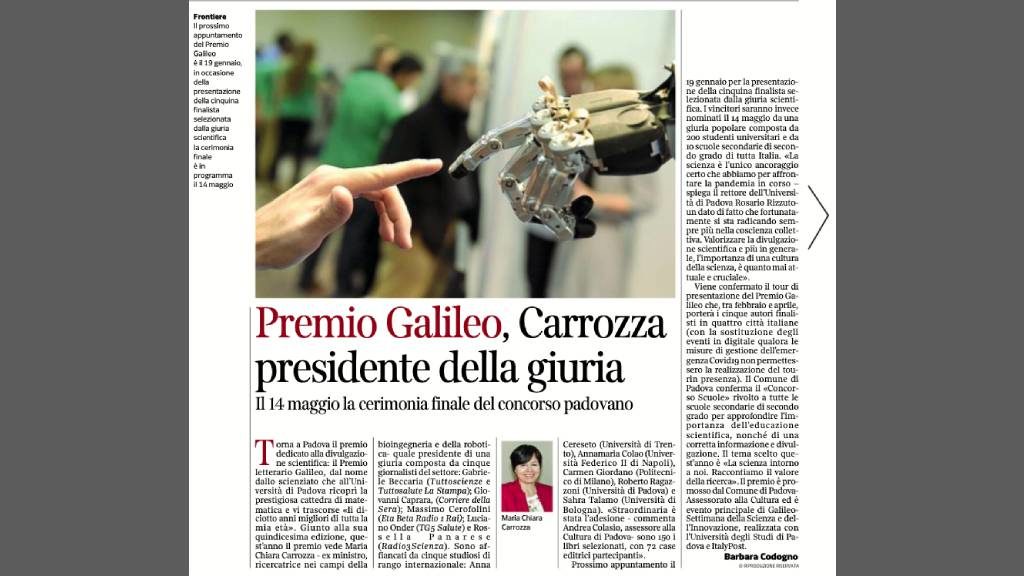 Premio Galileo, Carrozza presidente della giuria. Il 14 maggio la cerimonia finale del concorso padovano